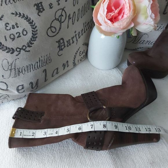 Frye Harmony heel suede leather boots brown harness platform - Picture 12 of 16